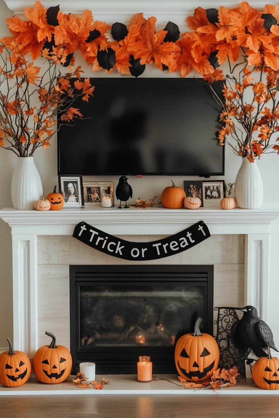 halloween mantle decor with tv - 3