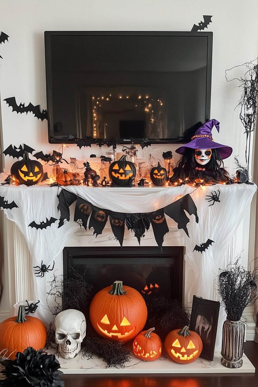 halloween mantle decor with tv - 4