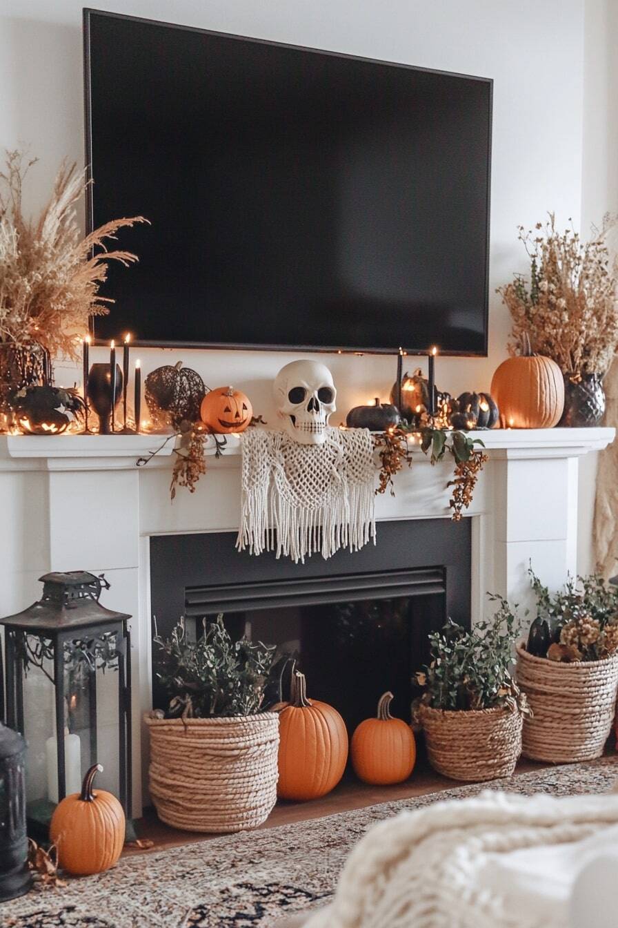 halloween mantle decor with tv - 7