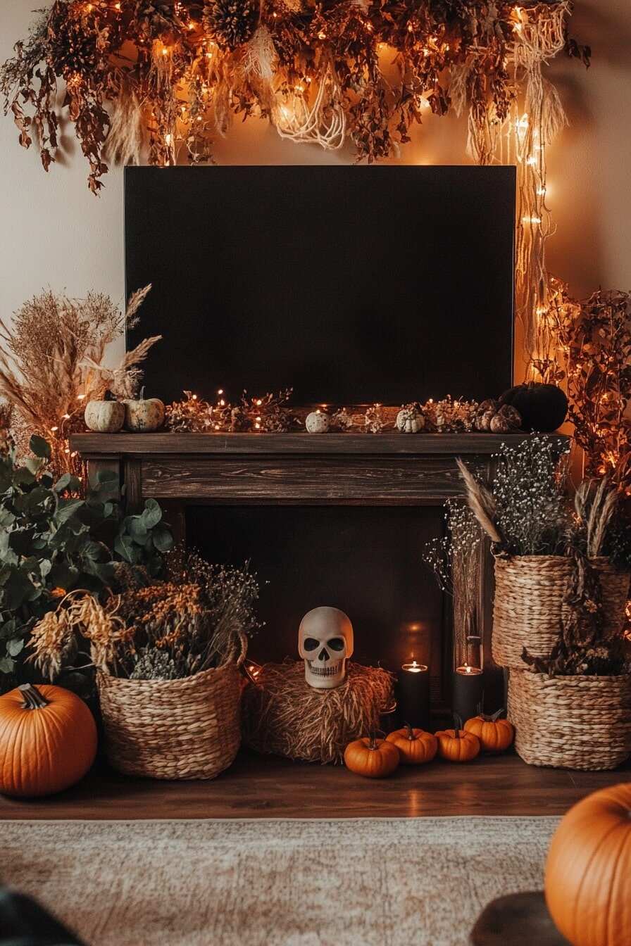 halloween mantle decor with tv - 9