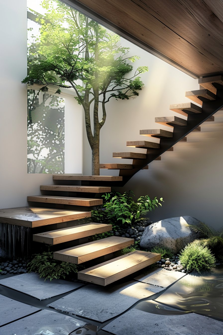 wooden floating staircase outdoor