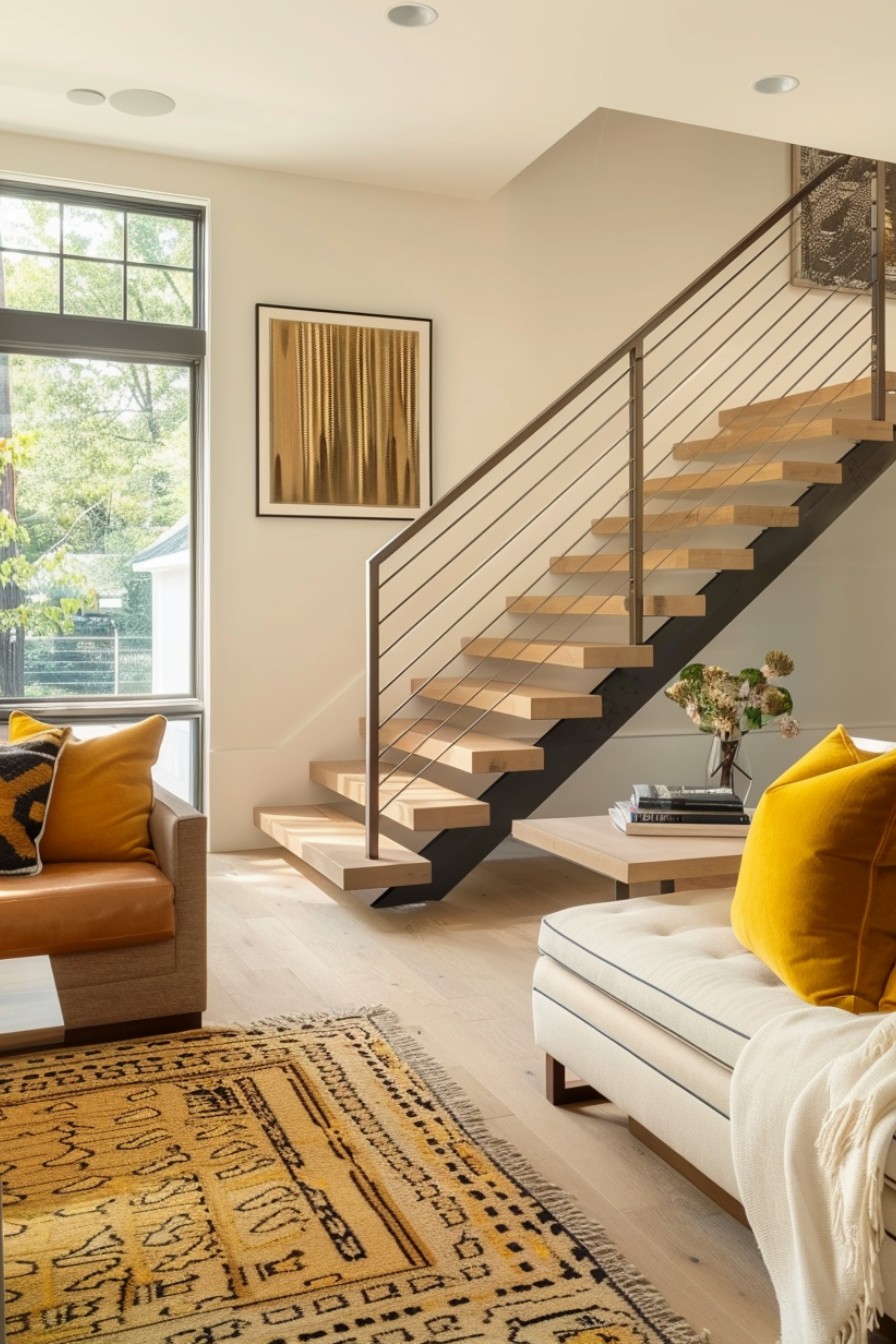 wooden floating staircase with metal railing in a house