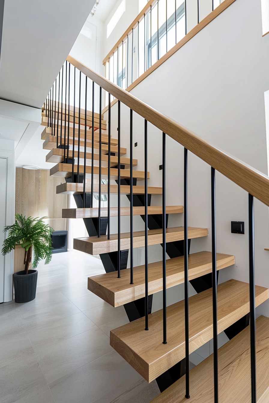 wooden floating staircase with metal railing