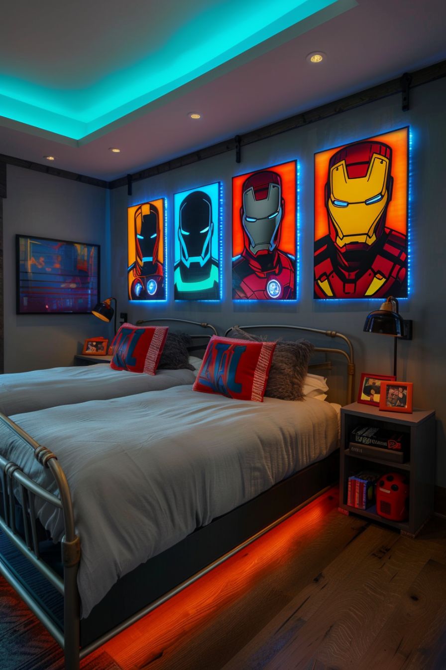 Iron Man Themed Bedroom with Illuminated Art