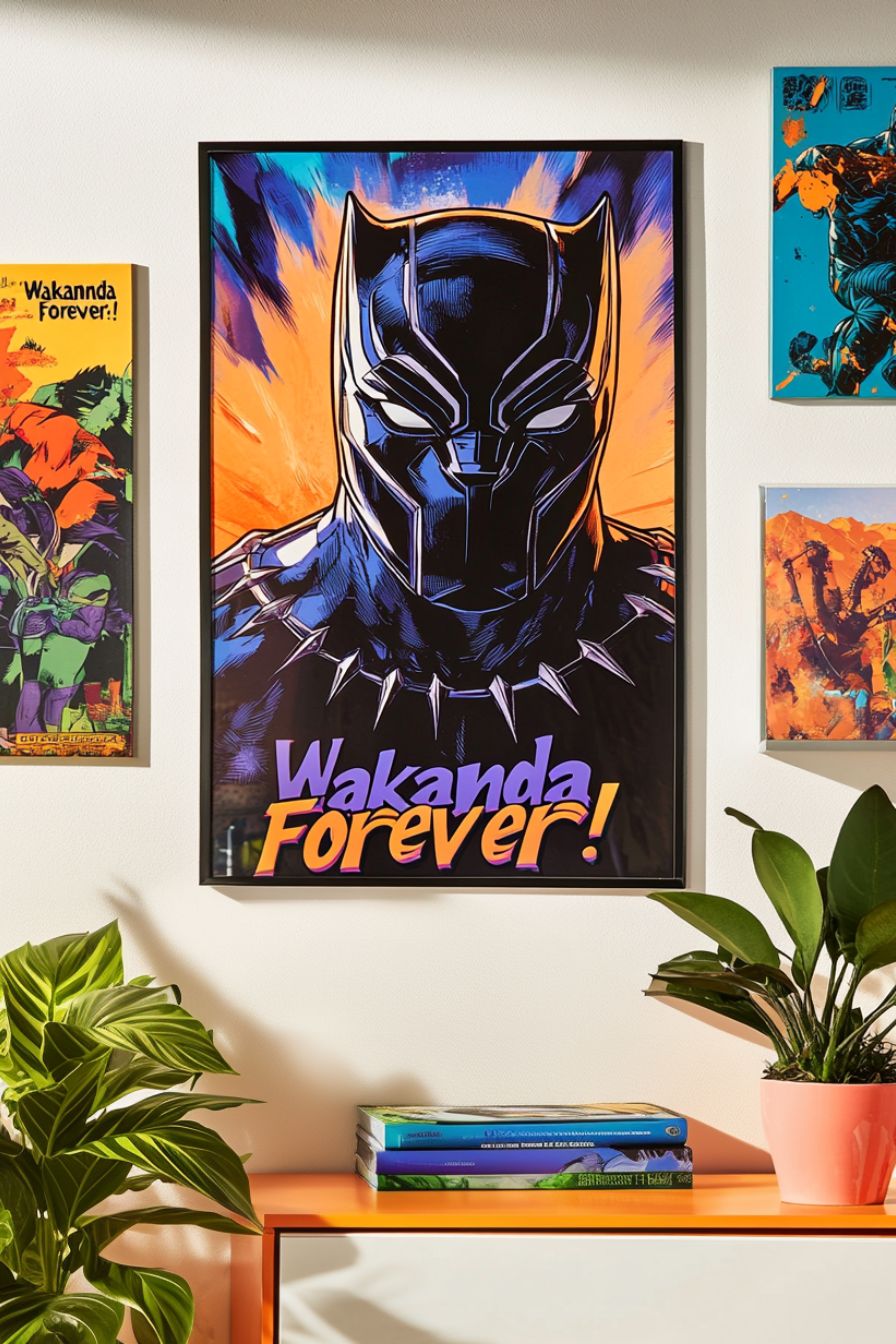 marvel bedroom with a framed art saying Wakanda Forever