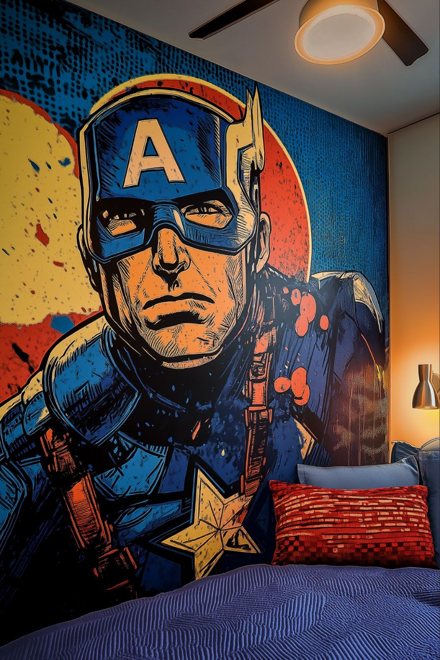 marvel bedroom with captain america wallpaper