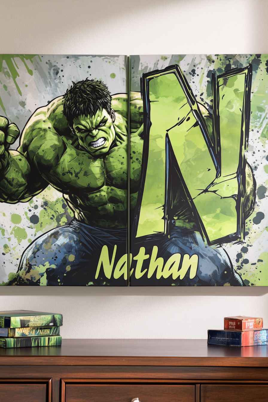 marvel themed bedroom with hulk artwork