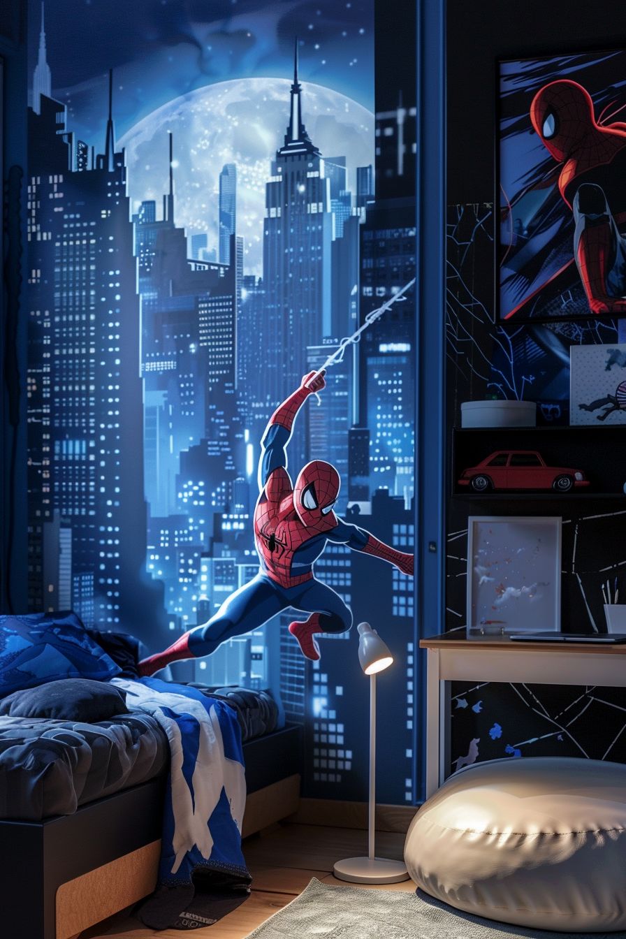 marvel themed bedroom with spiderman decor