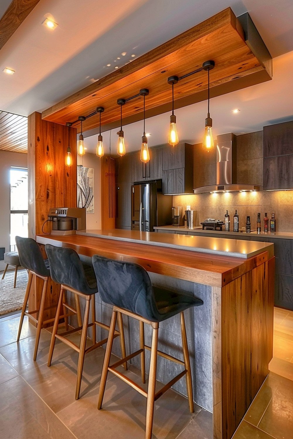 a kitchen bar with warm vibe