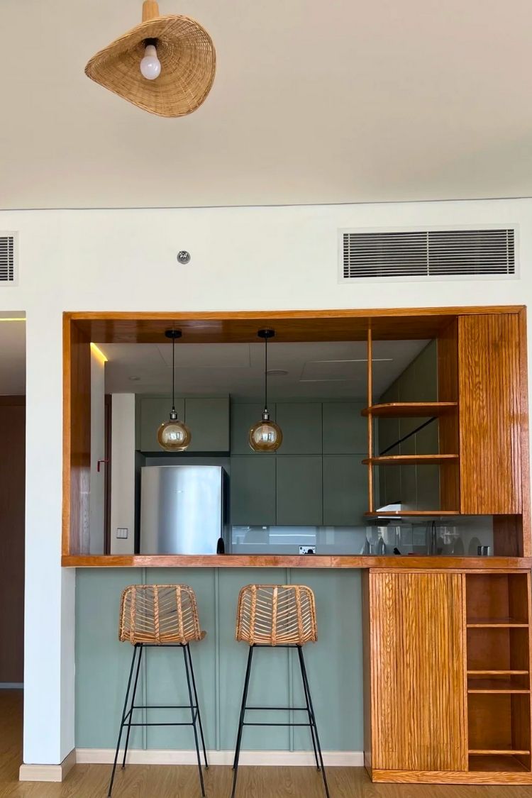 green and wood kitchen bar design
