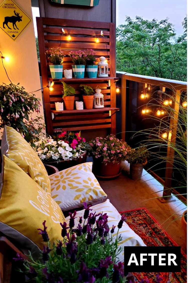 After shot lush boho balcony makeover with string lights