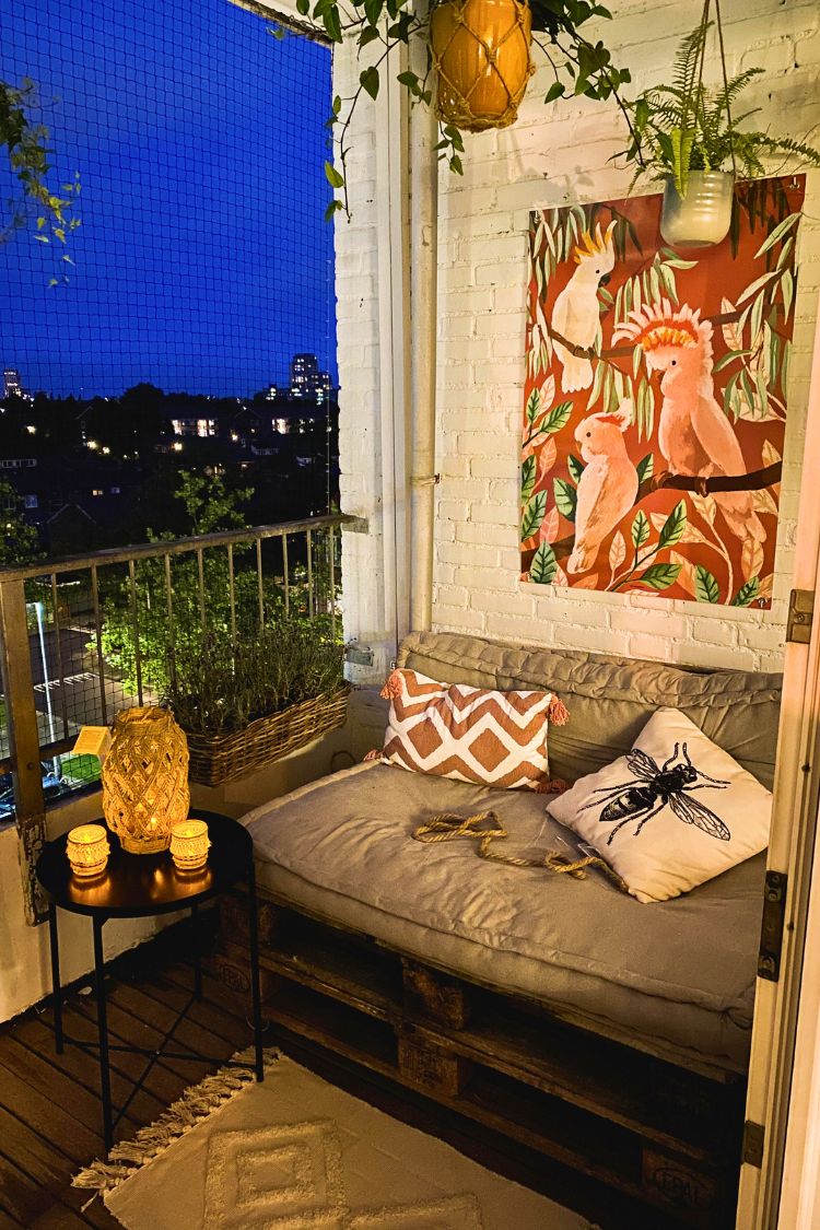 Artistic boho space with bench seating and wall art