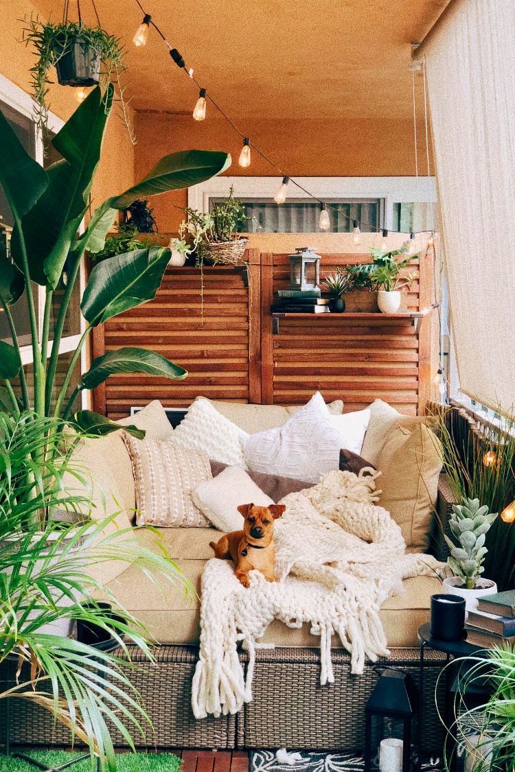 Lush boho space with plants, macrame, and earthy tones
