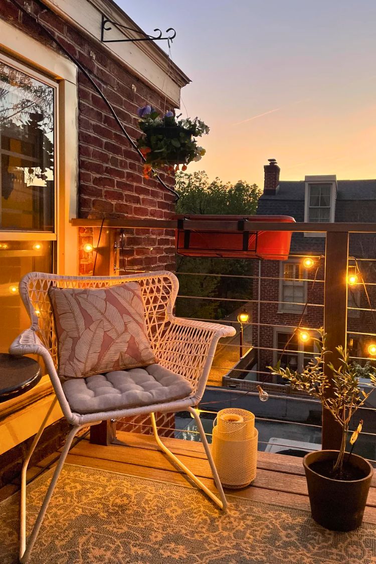Sunset boho balcony with warm tones and lanterns