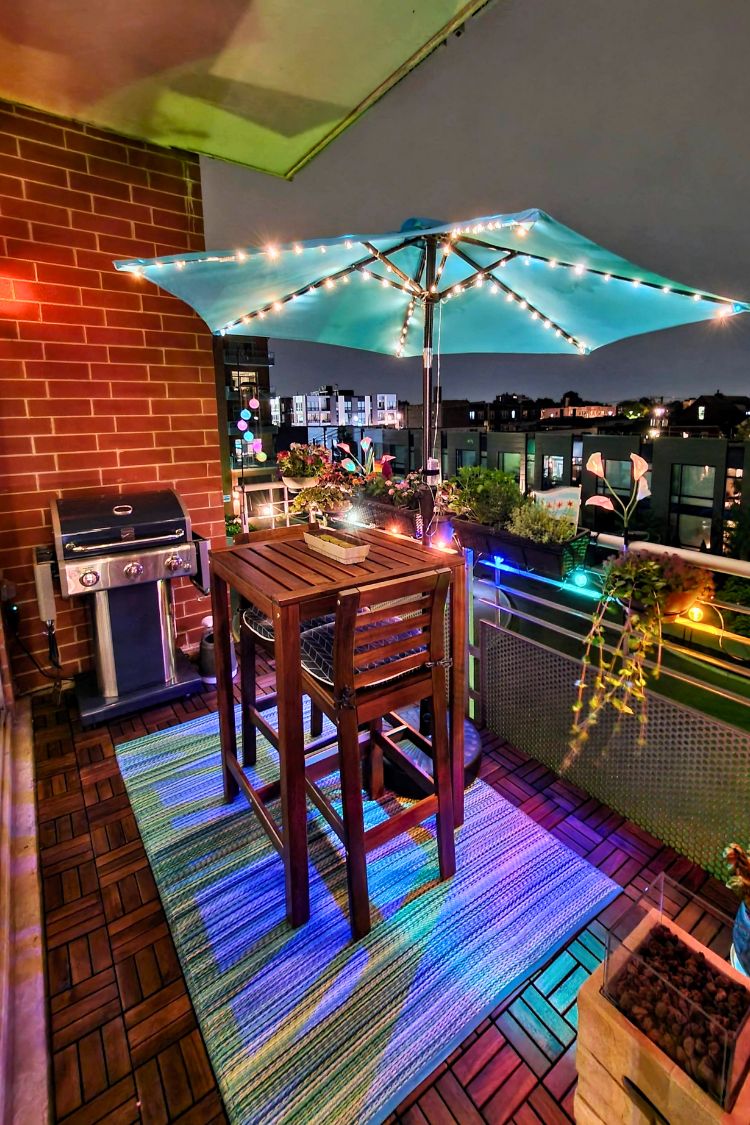 Vibrant boho bar balcony with colorful lights