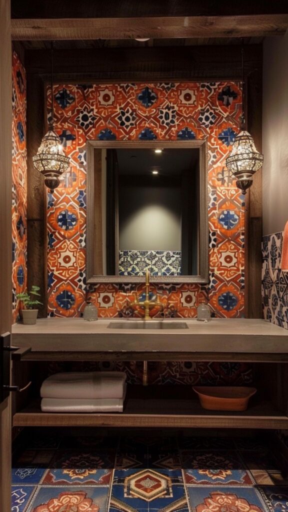 a boho bathroom with patterned tiles