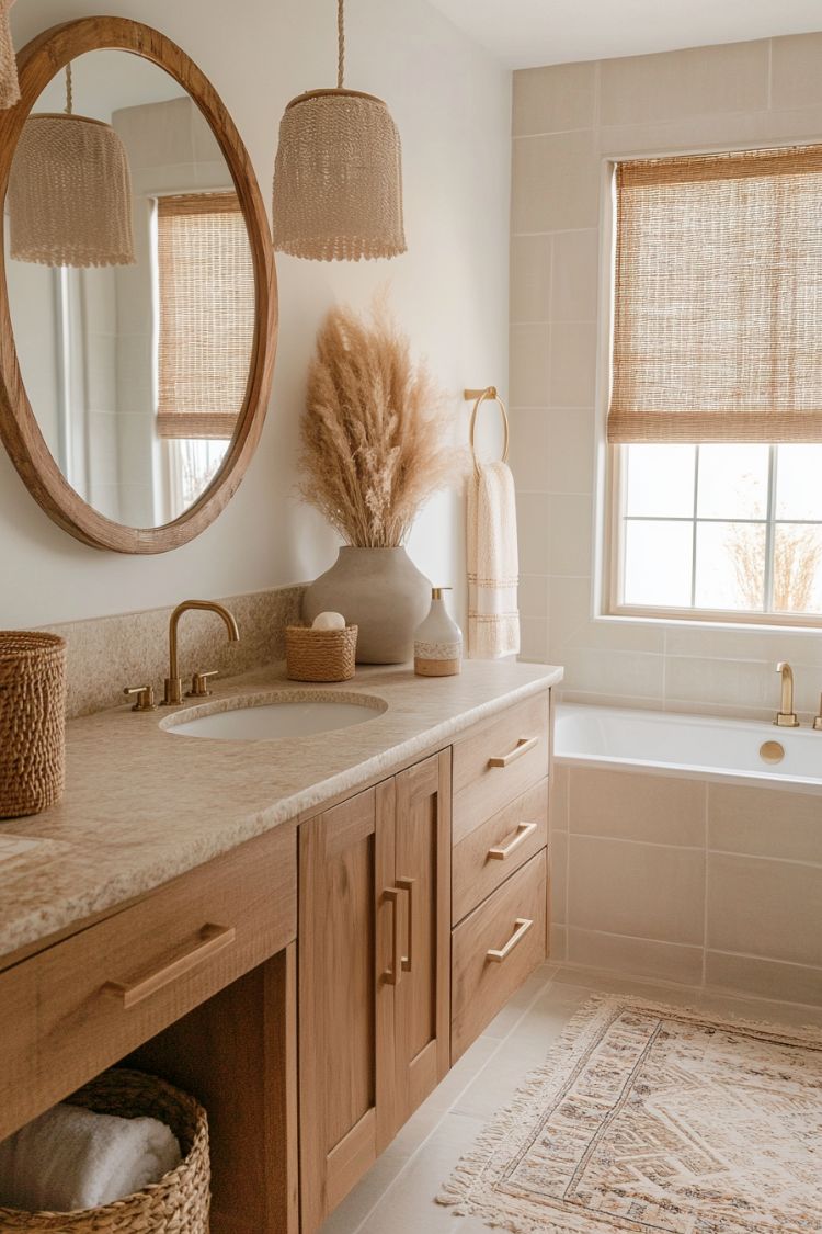 boho bathroom with earthy tones