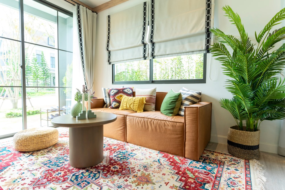 A Living Room with a Colorful Sofa and a Colorful Rug 2