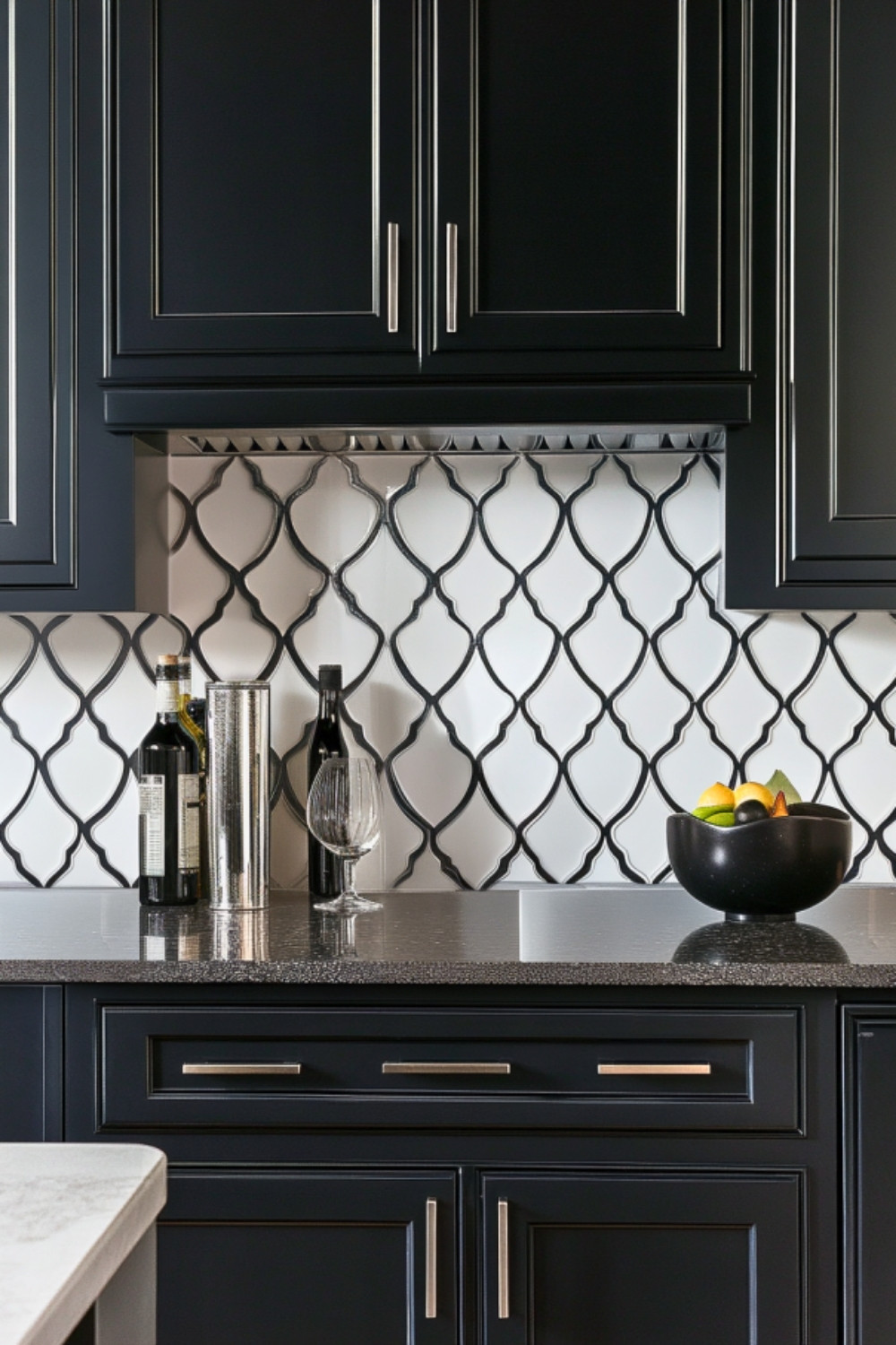 Elegant Dark Kitchen with White Moroccan Tile Backsplash and Sleek Bar Decor