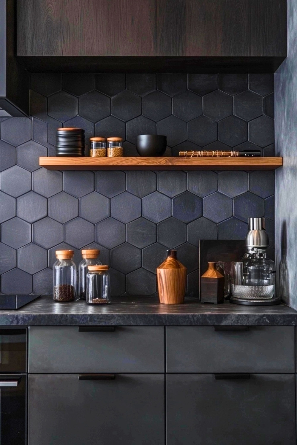 Modern Dark Kitchen with Hexagonal Black Backsplash and Wooden Open Shelf