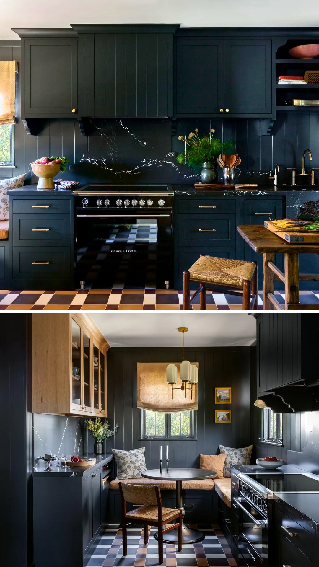 Modern Farmhouse Kitchen with Dark Charcoal Cabinets, Granite Backsplash