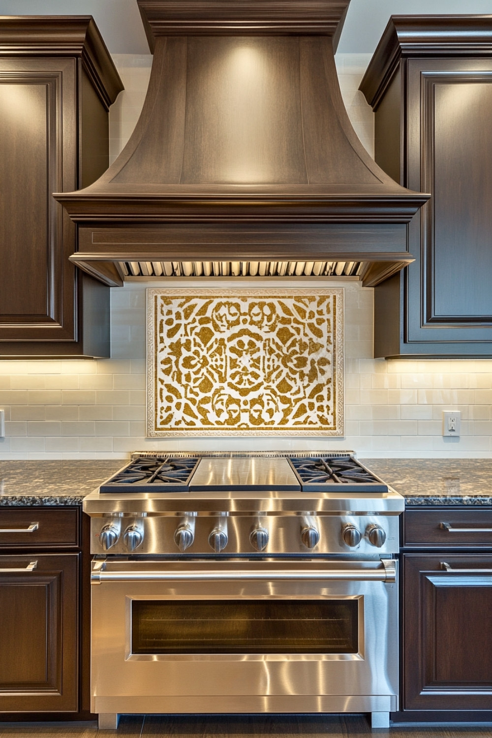 Traditional Dark Wood Kitchen with Ornate Tile Backsplash Framed by a Statement Range Hood