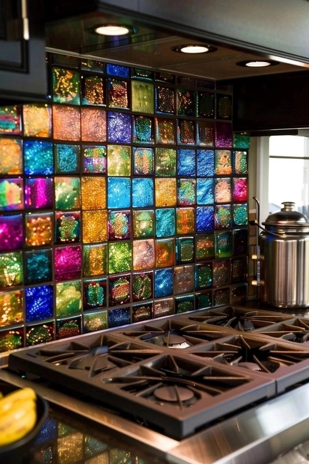 Vibrant Dark Kitchen with Colorful Glittering Tile Backsplash for a Bold Statement