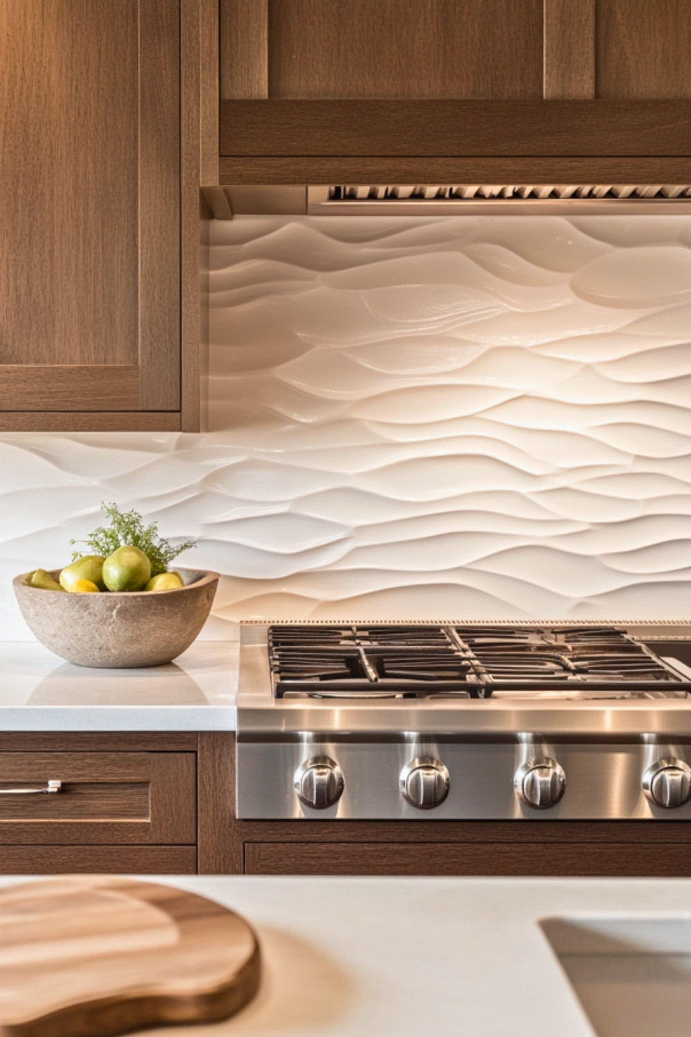 Warm Dark Wood Kitchen with Textured Wave Pattern Backsplash in Off-White