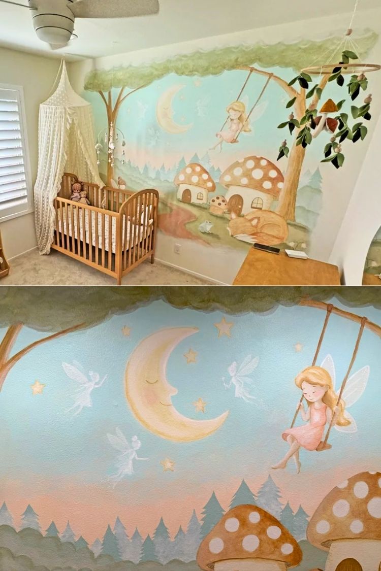 boho girl nursery with stunning wall art