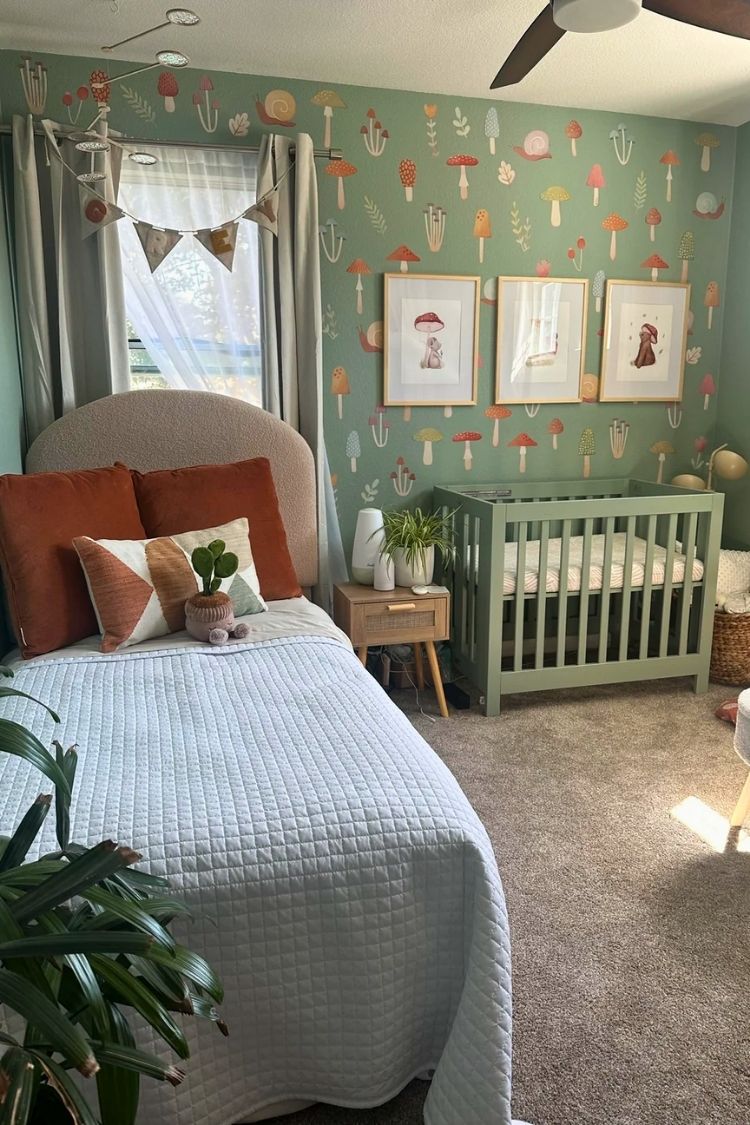 gender neutral boho nursery with a bed