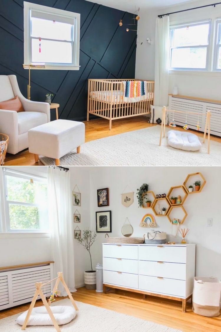 gender neutral boho nursery with navy wall (2)