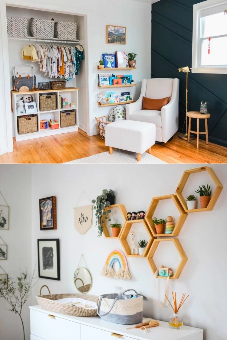 gender neutral boho nursery with navy wall (3)