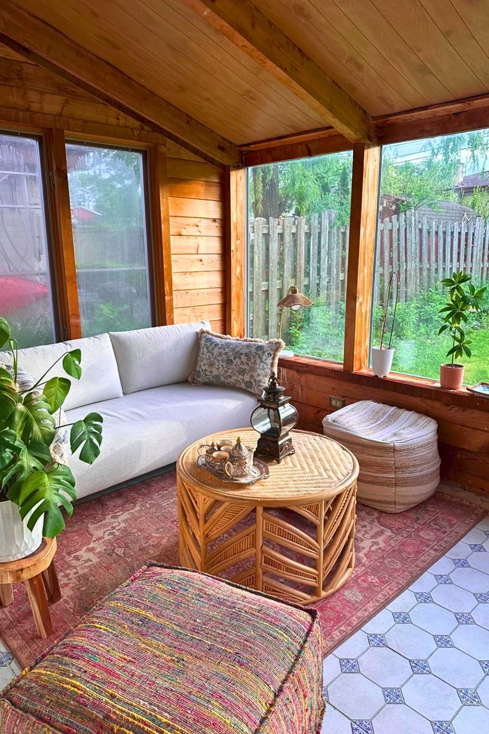 Boho Rattan Coffee Table in Sunroom with Natural Textures