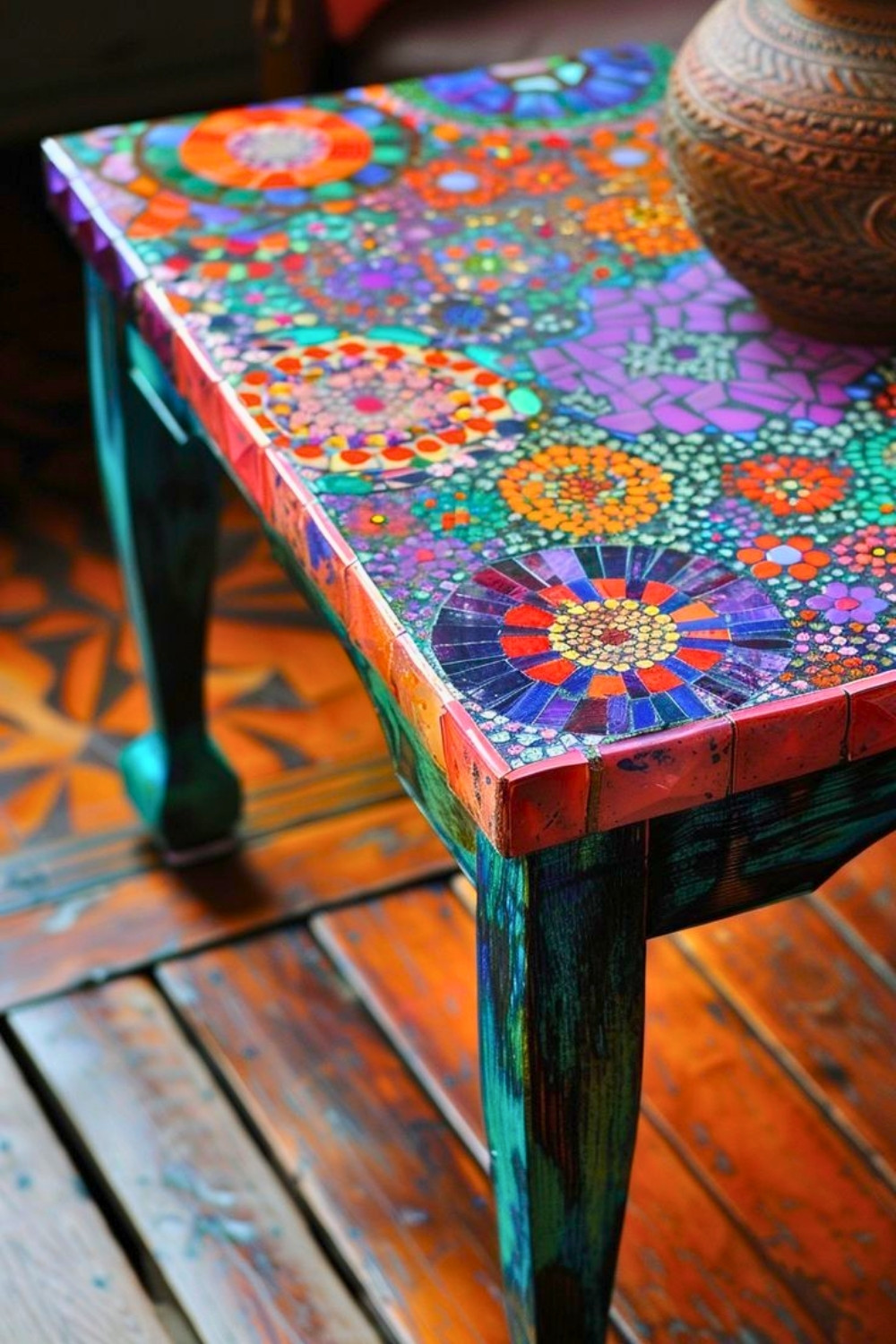 Handpainted Colorful Boho Coffee Table With Mosaic Tile Cover and Vibrant Eclectic Design