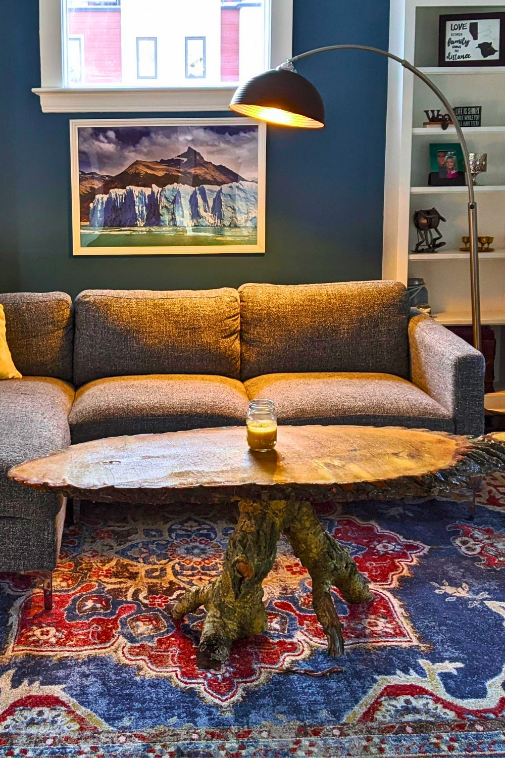 Live Edge Coffee Table in Eclectic Living Room with Rustic Decor