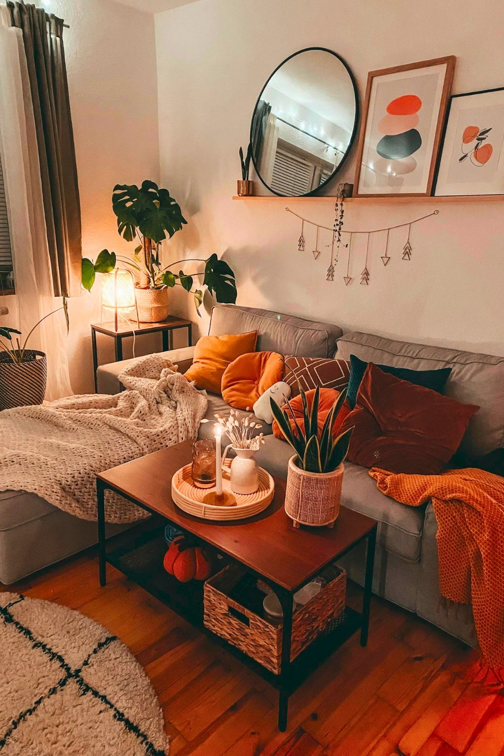 Warm Boho Living Room with Rectangular Coffee Table and Fall Decor