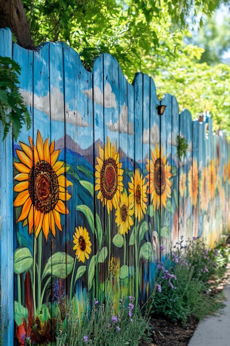 boho garden fence with sunflower painting