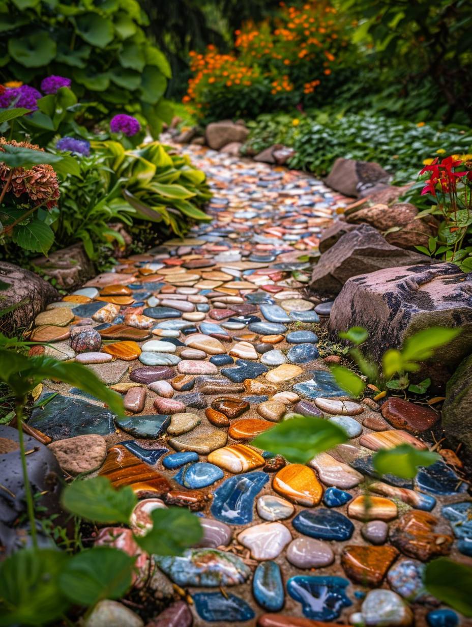 boho garden pathway by colorful stones