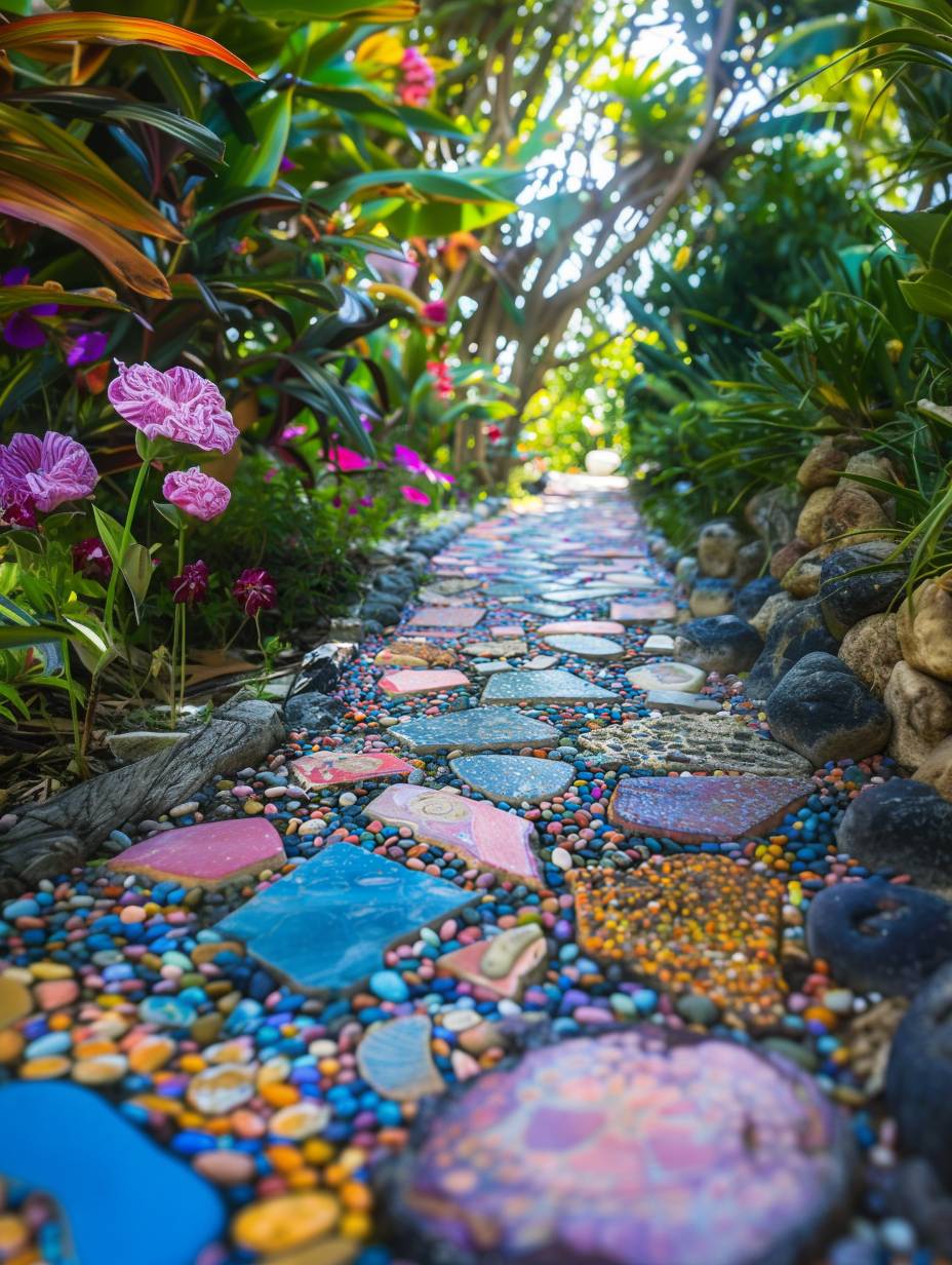 boho garden pathway mixed tiles with pebbles