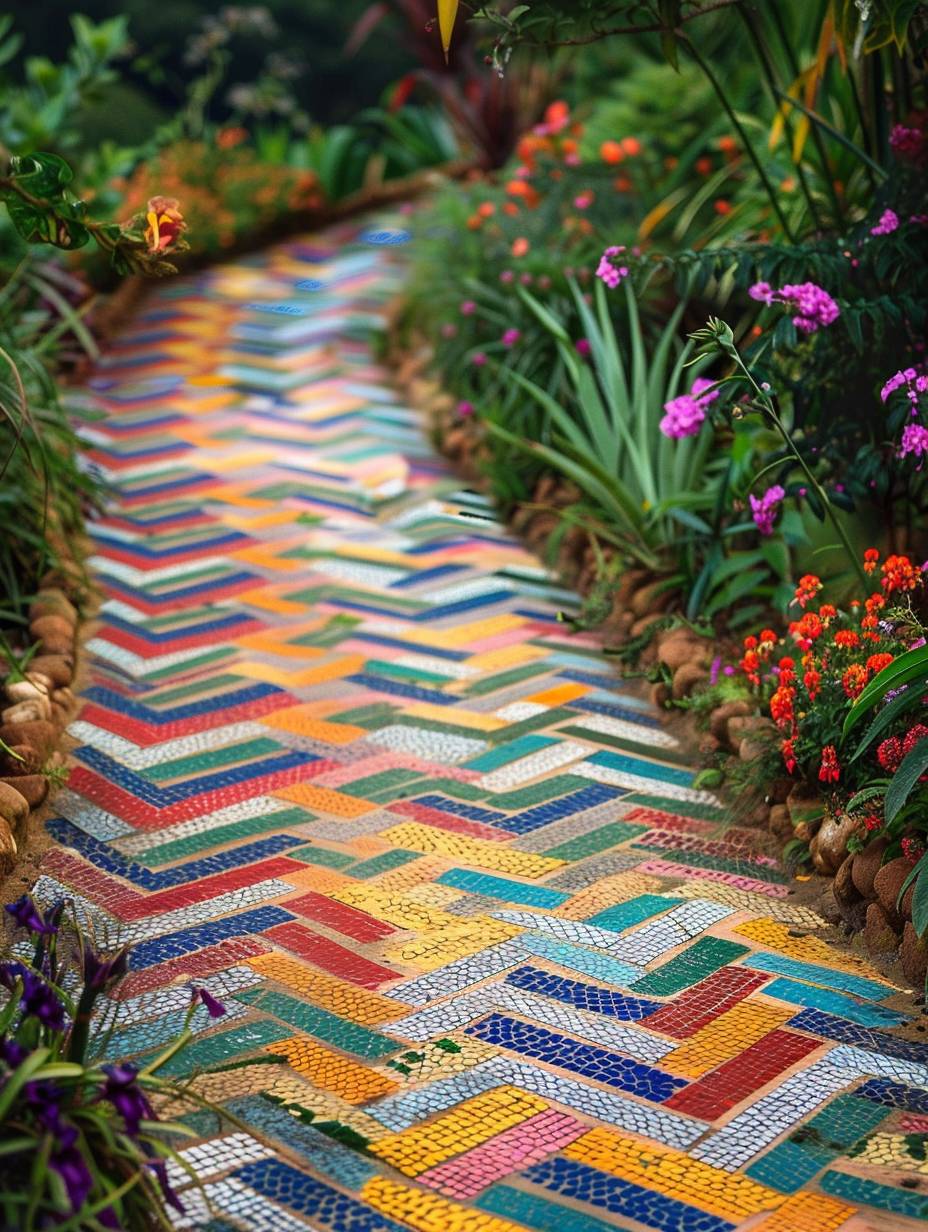 boho garden pathway with chevron pattern