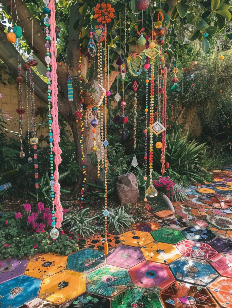 boho garden pathway with decorations