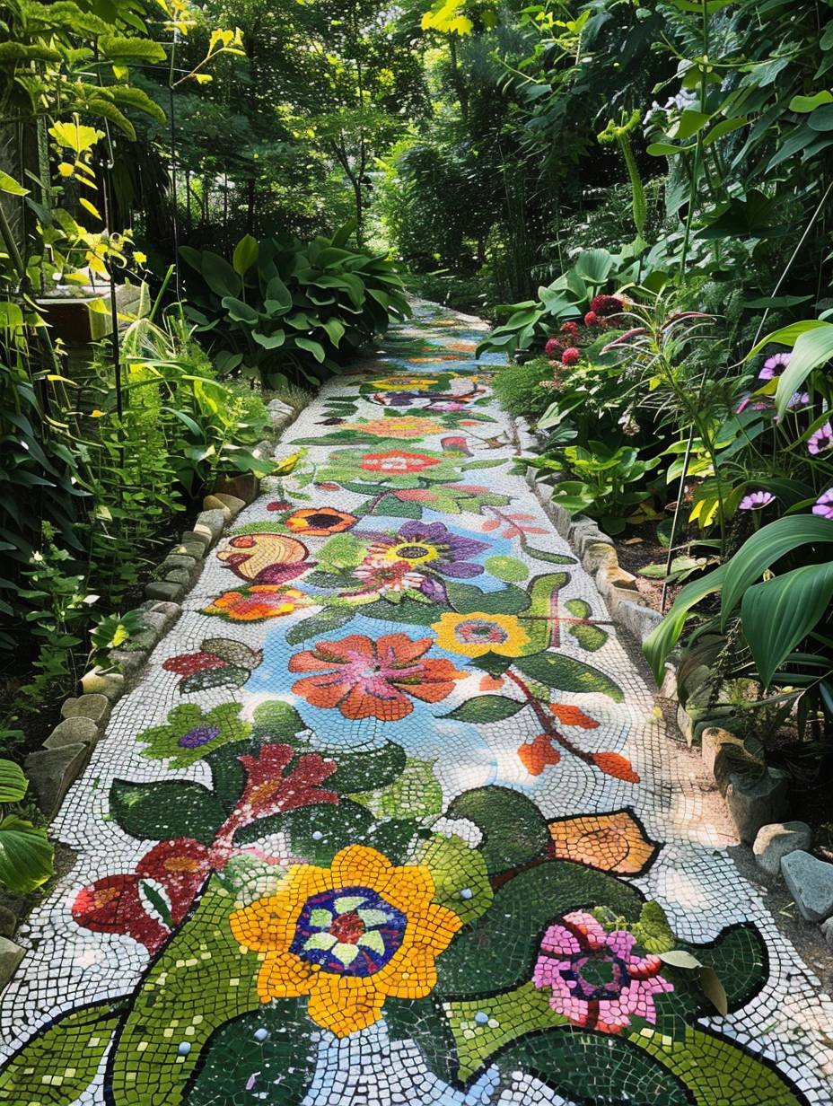 boho garden pathway with floral motifs