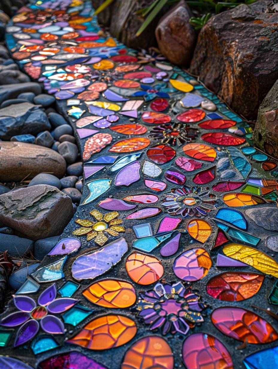 boho garden pathway with flowers and leaves patterns