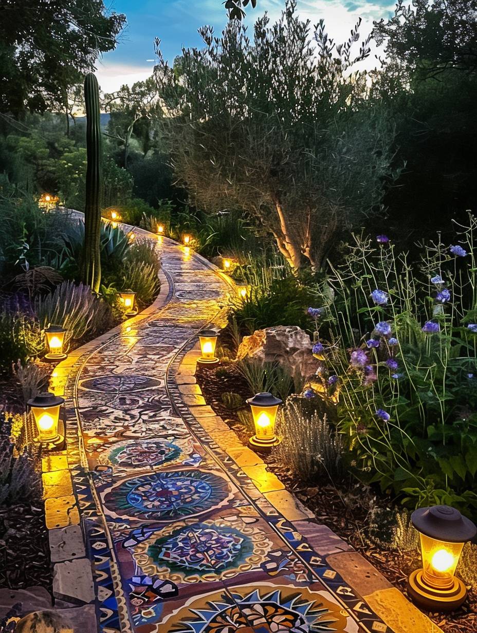 boho garden pathway with lights