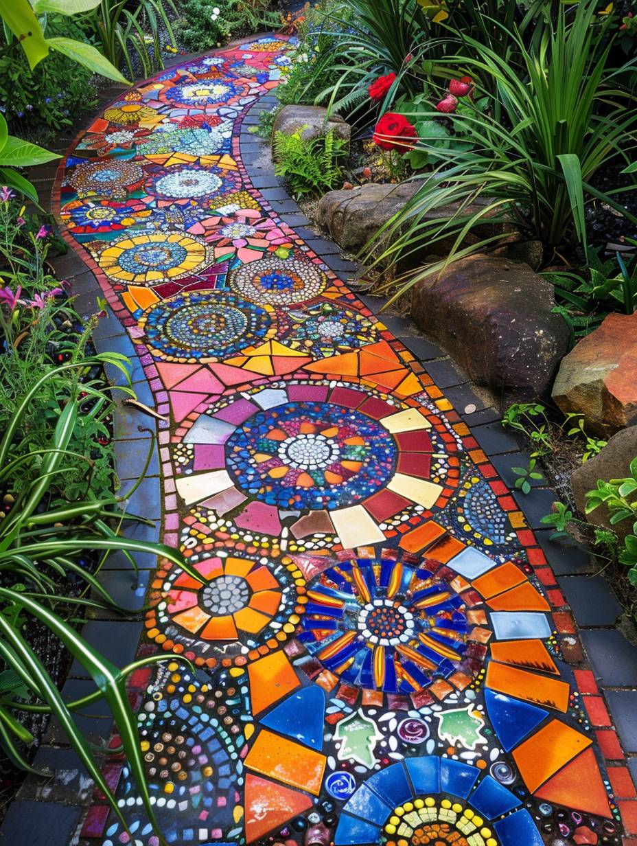 boho garden pathway with mosaic patterns