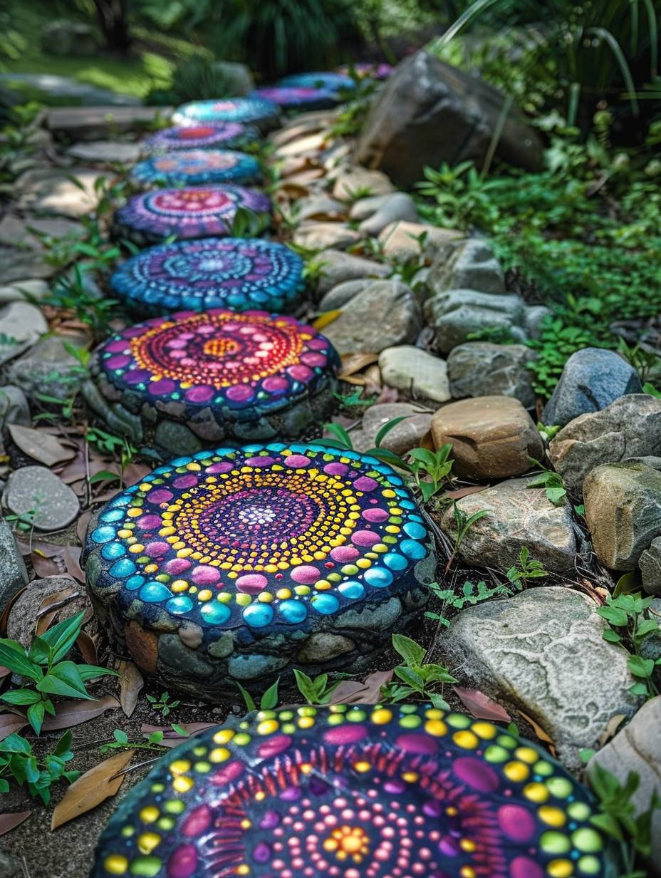 boho garden pathway with painted stones