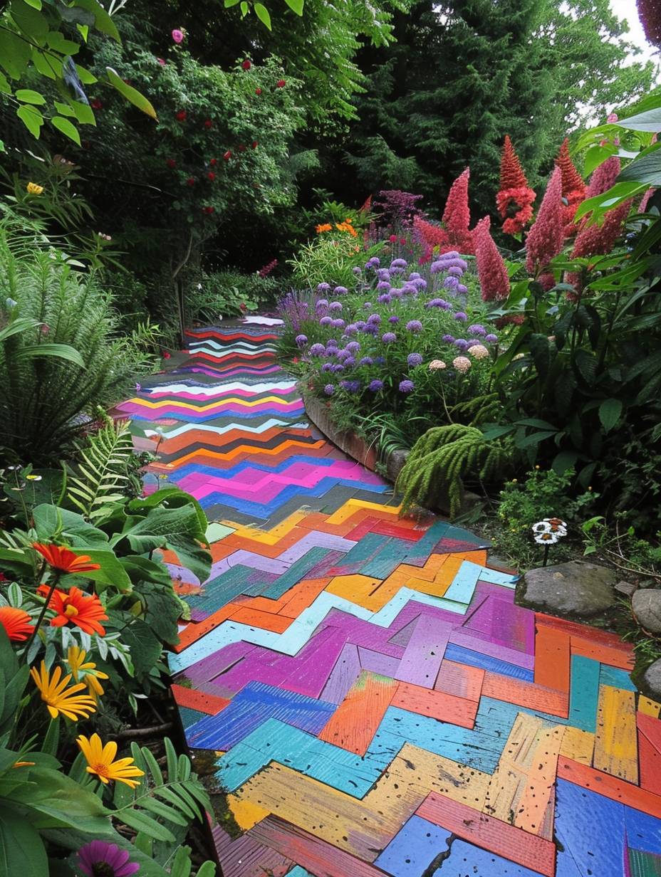 boho garden pathway with painted wood