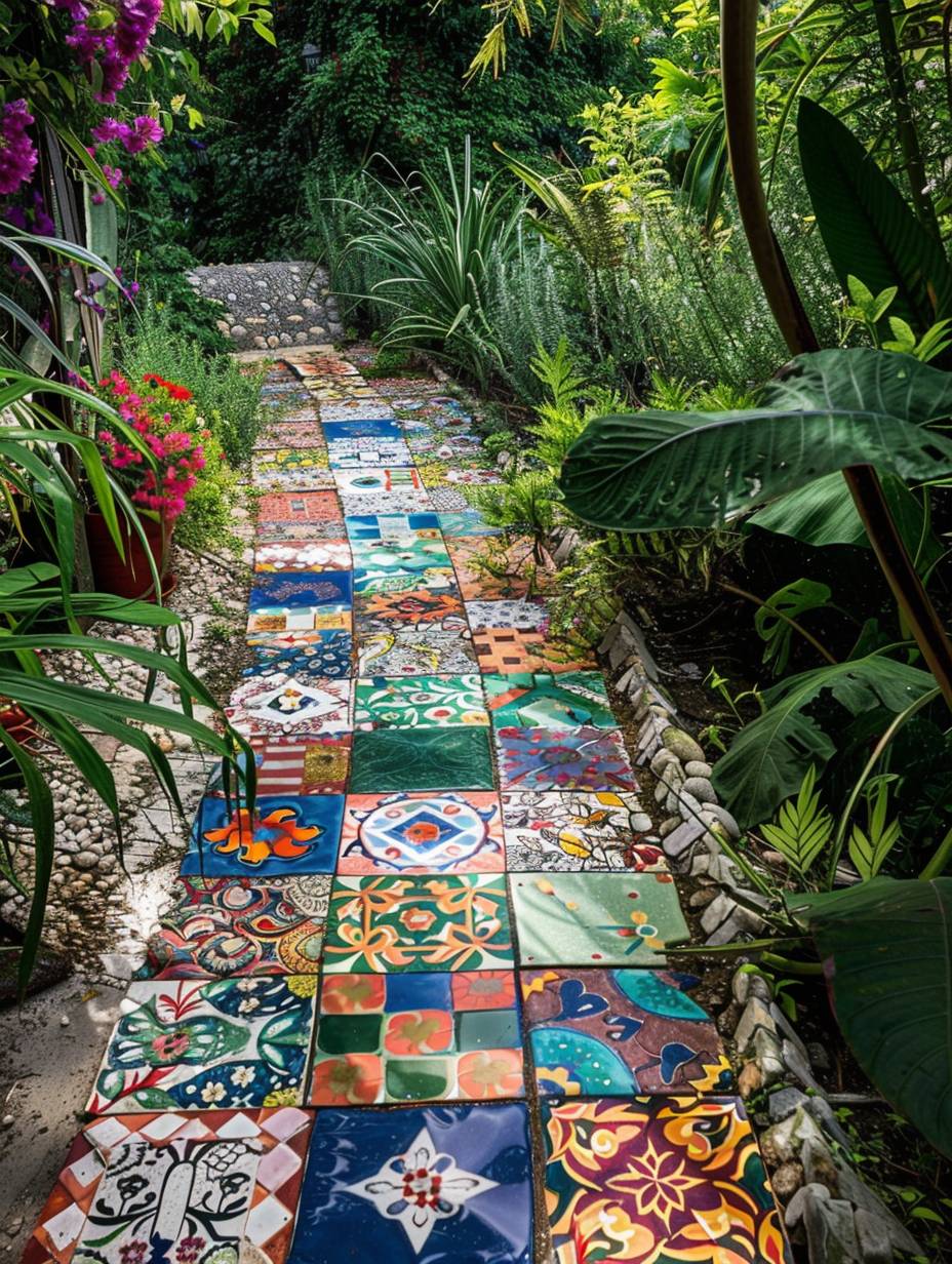 boho garden pathway with patchwork style