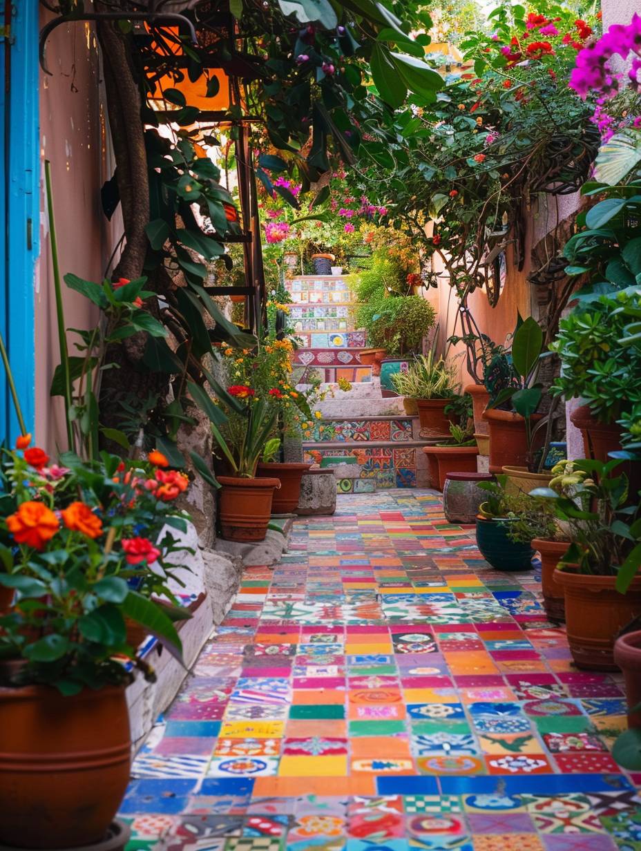 boho garden pathway with potted plants