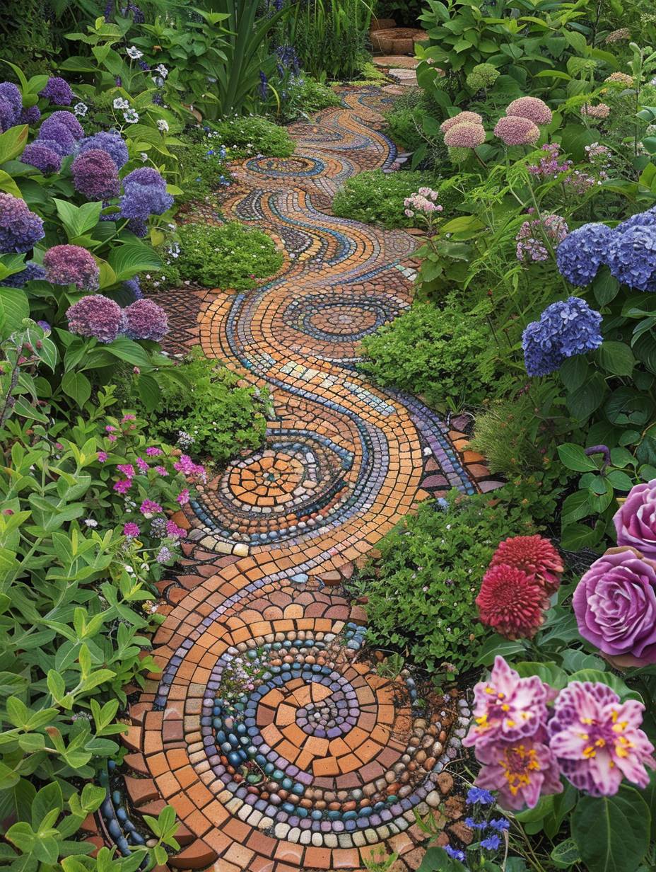 boho garden pathway with spiral patterns